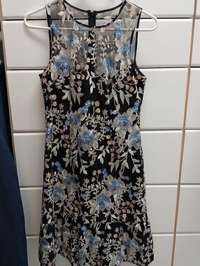 White House Black Market Black Midi Dress with Blue and Cream Floral Embroidery